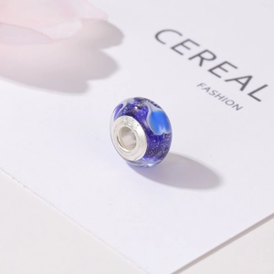 Deep blue S925 sterling silver glass heart bead with star-like glitter for DIY bracelets