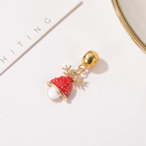 Christmas enamel red bell pendant with golden reindeer antlers and white snowflake charms