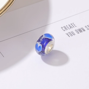 Blue glass heart charm bead with gold glitter and S925 silver core for DIY bracelets