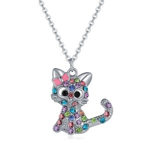 Collana con Pendente a Forma di Gatto Cartone Animato in Lega con Strass Colorati Fiocco Gioielli Regalo per Bambini Ragazze