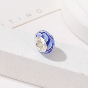 Blue swirl glass charm bead with S925 sterling silver core for DIY jewelry making