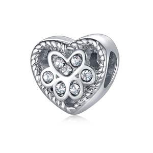 Alloy Heart Paw Print Charm Bead With Rhinestones Silver Plated Pet Animal Spacer Beads For DIY Bracelet Necklace Handmade