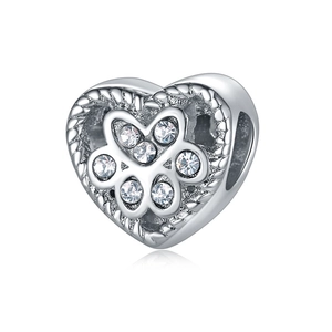 Silver heart bead with hollow pet paw print and sparkling crystals for DIY bracelets
