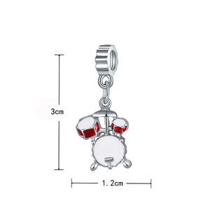 Detailed macro view of silver drum set charm with size dimensions 3cm by 1.2cm