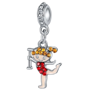 Silver gymnastics girl pendant with red and orange crystals on a bright white background
