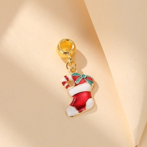 Christmas stocking and candy cane charm pendant with teal bow in gold plated metal