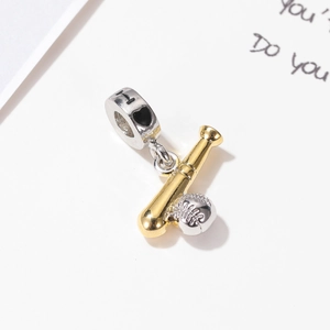Sports themed baseball and bat charm pendant in silver and gold tones for bracelets