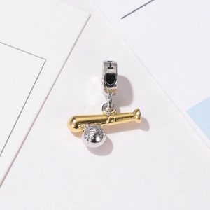 Golden baseball bat and silver ball sports pendant for charm bracelets with heart engraving