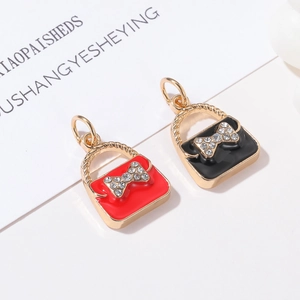 Mini handbag charms with bow and rhinestones in red and black for DIY jewelry making