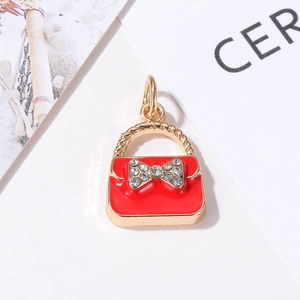Mini red handbag charm with gold bow and rhinestones for DIY bracelets and necklaces