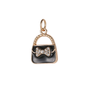 Mini creative handbag pendant with black enamel and sparkling bowknot for DIY bracelets