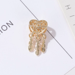 Golden heart dreamcatcher pendant with three delicate feather charms for DIY jewelry making