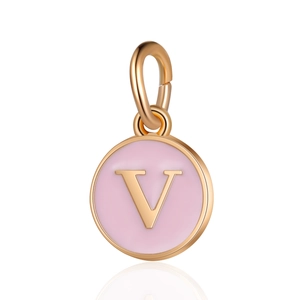 Colgante redondo de esmalte rosa con letra V dorada para creación de joyas DIY