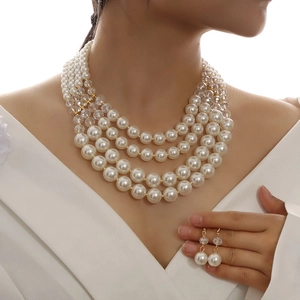Luxury Multilayer Faux Artificial Pearl Necklace Earring Set Alloy Crystal Tassel Bridal Jewelry For Wedding Banquet Women Jewelry