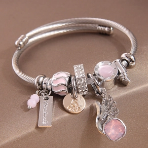 Brazalete Abierto de Acero Inoxidable para Mujer Pulsera de Alambre Trenzado Ajustable Con Colgante de Alas de Ángel Diamantes de Imitación Moneda Paris 5