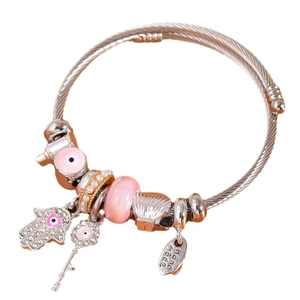 Bracciale a maglia argento stile Pandora con ciondoli occhio di Allah rosa e mano di Fatima