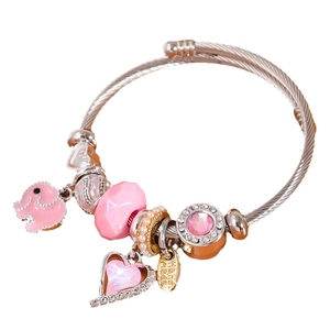 Bracciale rigido argento con ciondolo elefante rosa e pendente a cuore