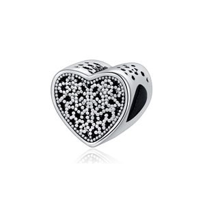 Oxidized S925 silver hollow heart bead with micro-bead texture for DIY jewelry