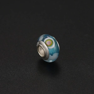 Blue rainbow lampwork glass bead with evil eye pattern and S925 sterling silver core