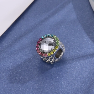 Silver charm bead with transparent crystal and rainbow rhinestones for DIY bracelets