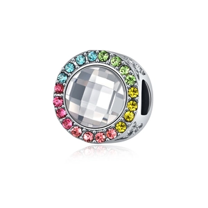 Rainbow gradient crystal bead charm in polished silver with intricate hollow side patterns