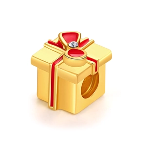 Abalorio de caja de regalo dorada con cinta de esmalte rojo y circón para pulseras DIY