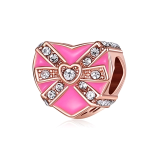 Pink heart bead pendant in rose gold finish with sparkling crystals for DIY bracelets