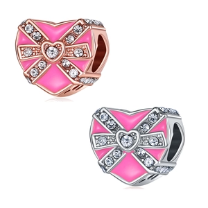 Pink enamel heart bead charm with sparkling zircon bow for DIY jewelry making