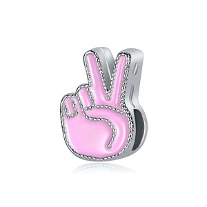 Charm main signe de paix en argent S925 et émail rose pour bracelet perlé