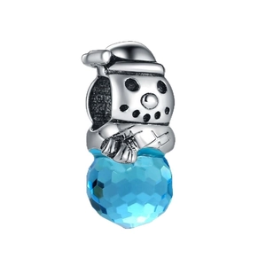 Cute Christmas snowman charm bead with blue faceted crystal and 925 silver finish