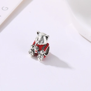 Cartoon teddy bear charm in vintage silver finish with red enamel overalls for DIY bracelets