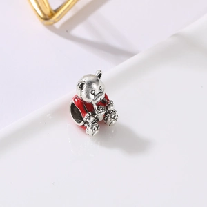 DIY cartoon bear charm in red enamel finish for silver bracelets Christmas gift