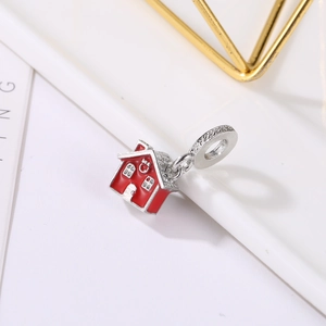 Roter Haus-Anhänger aus S925 Silber mit Emaille und Zirkonia für DIY-Armbänder und Ketten