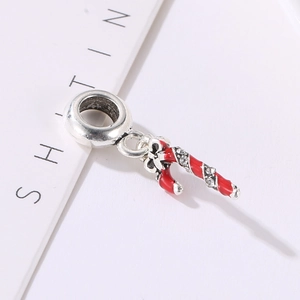 S925 Silber Weihnachts Zuckerstangen Anhänger mit roter Emaille und Zirkon Schleife
