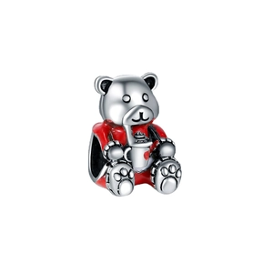 Cute silver bear charm with red enamel heart cup for DIY bracelets, Christmas gift