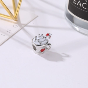 Christmas cup charm with white enamel cream and red heart for DIY bracelet jewelry