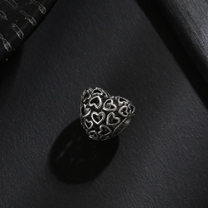 Vintage hollow heart bead for DIY jewelry making in antique silver oxidized finish
