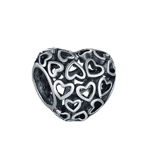 Vintage oxidized hollow heart charm bead for DIY necklaces and bracelets in 925 silver finish