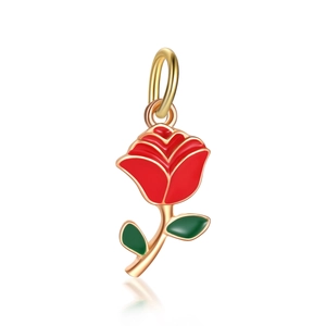 Exquisito colgante de rosa roja 3D en metal dorado con hojas verdes para joyería DIY