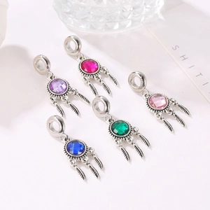 Ethnic feather dreamcatcher charms in silver metal with colorful gemstone accents