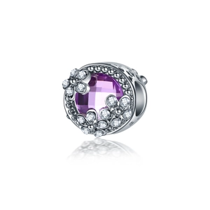 Charm en argent avec grand cristal violet facetté et détails floraux blancs