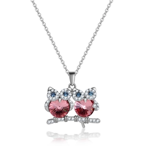 Ethnic owl pendant necklace with pink crystals and silver chain for women gift