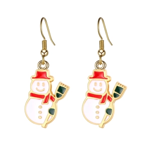 Detailed view of festive snowman drop earrings with colorful enamel on gold alloy hooks