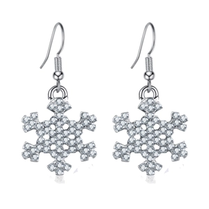 Sparkling silver snowflake drop earrings with white crystal rhinestones for Christmas