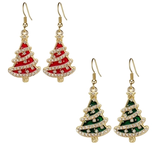 Kerstboom hangoorbellen in goudlegering met rood en groen emaille en kristallen details