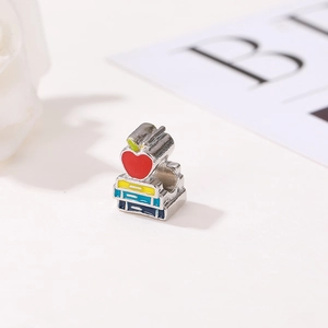 Silver book charm with red apple for graduation bracelet and DIY necklace jewelry