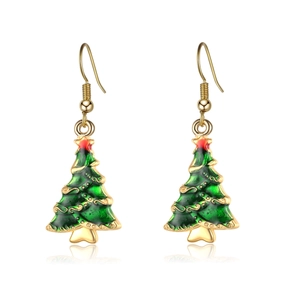 Festive Christmas tree dangle earrings with green enamel and gold hooks for holiday parties