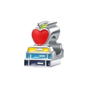 Handmade beaded red apple on stack of books charm for graduation jewelry making