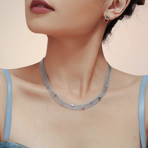 Trend titanium stalen mesh ketting en oorbellen set met gekleurde zirkoonstenen