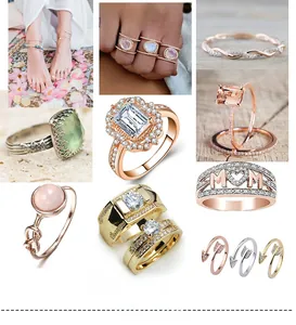 Collage de bagues pattes de chat ajustables et parures de bijoux dorés avec zircon